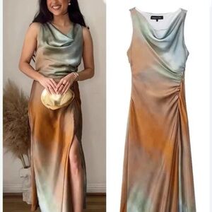 Zara Satin Ombre Cowl-Neck Maxi Dress - Amber & Sage